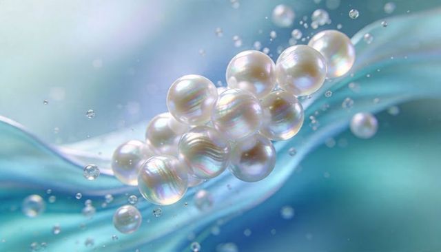 Floating iridescent pearl cluster with aqua ribbon and droplets, elegant abstract