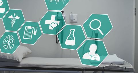 Medical Icons Interface with Hospital Bed Background