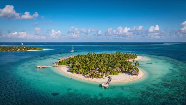 Aerial view of tropical island resort floating in turquoise lagoon with palm-lined beach