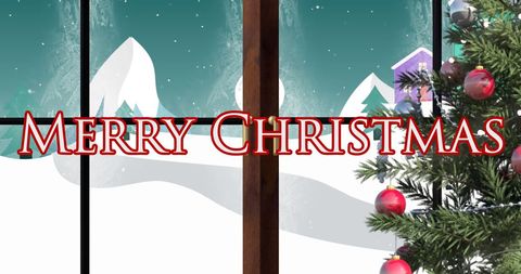 Merry christmas text with winter scenery and festive tree