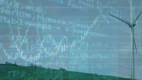 Financial Data Overlay with Wind Turbine Symbolizing Eco-economics