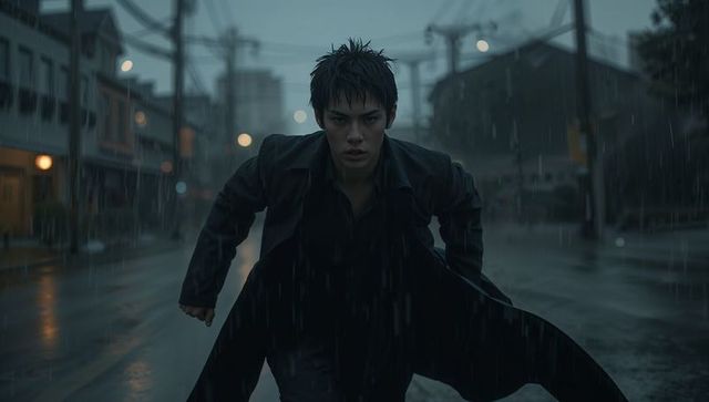 Asian man sprinting through rain on moody urban street at dusk, long coat, cinematic motion