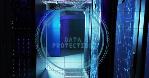 Futuristic Data Center Corridor with Data Protection Overlay