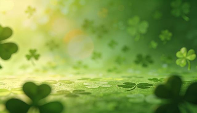 Sunlit shamrock meadow with dewy clover, bokeh lens flare and close-up green texture