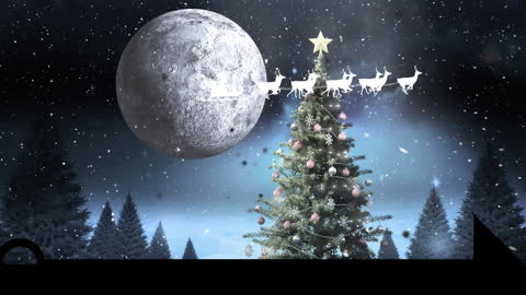 Festive Christmas Tree Under Night Sky with Santa's Sleigh
