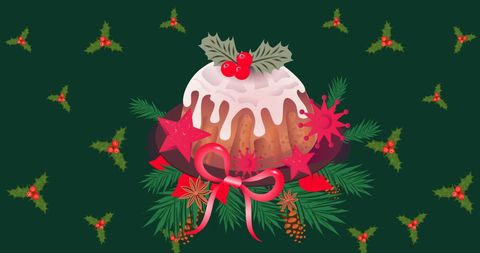 Festive Christmas Cake with Holly and Ponsettia Illustration