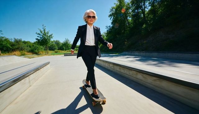 Senior woman skateboarding in black suit with longboard and sunglasses at sunlit skatepark