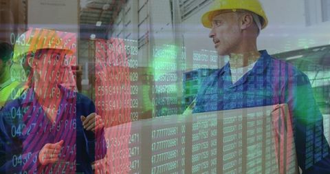 Warehouse workers analyzing logistics data overlay