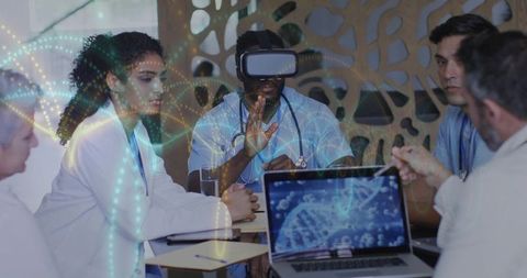 Medical team using virtual reality for genomics collaboration with dna visualization