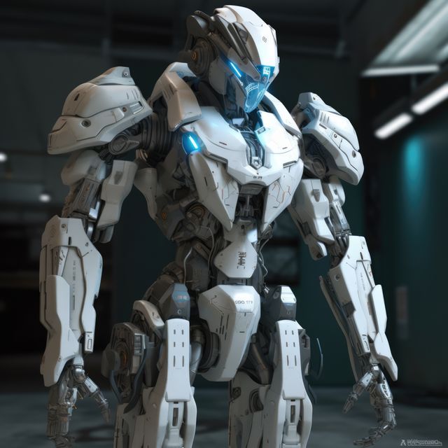 Futuristic humanoid robot constructed with advanced technology stands in an industrial setting. Useful for topics on AI advancements, innovation in robotics, science fiction illustrations, and industrial technology. Highlight application in tech industries or futuristic concept art.