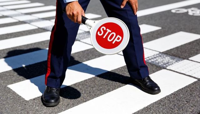 Uniformed traffic officer holding stop paddle and signaling on zebra crosswalk in sunlight