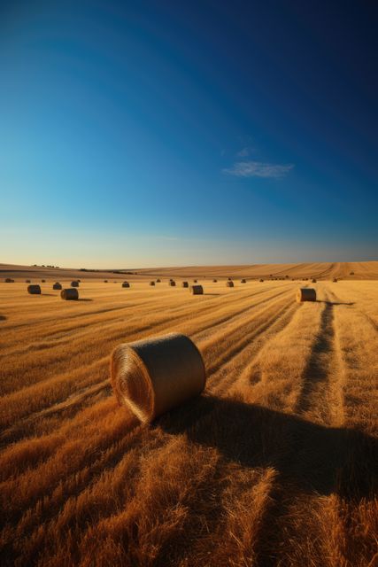 Hay bales resting in a harvested wheat field bathed in golden sunlight during sunset, beneath a clear blue sky. Scenic, rural landscape perfect for use in agricultural publications, calendars, farming websites, wallpapers, nature-themed backgrounds, and educational materials about farming and agriculture.