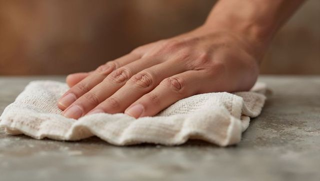 Hand wiping worn countertop with textured cotton cloth close-up for cleaning and maintenance