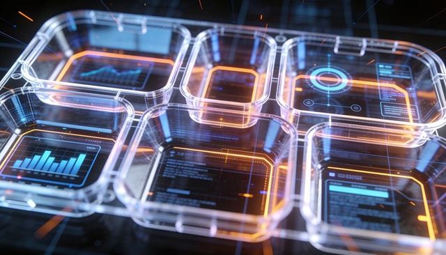 Holographic data pods displaying neon analytics dashboards over reflective tech grid