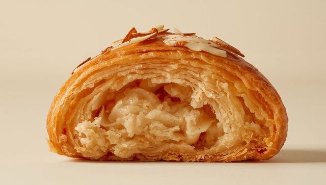 Halved Almond Croissant Revealing Creamy Filling with Sliced Almonds and Glaze