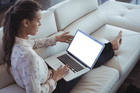 transparent laptop screen mockup female relaxing in office - Download Free Stock Videos Pikwizard.com