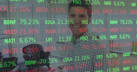 Professional Businessman in Office Surrounded by Stock Market Numbers
