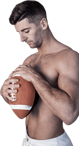 Athletic Male Rugby Player Holding Ball on Transparent Background