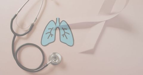 Lung cancer awareness stethoscope and ribbon on soft background