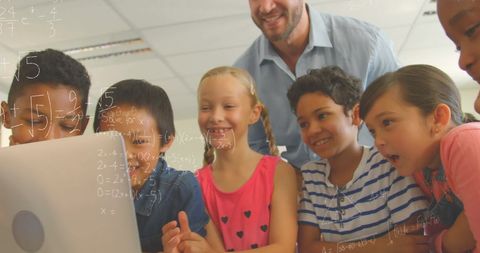 Diverse pupils learning math with teacher and digital formulas overlay