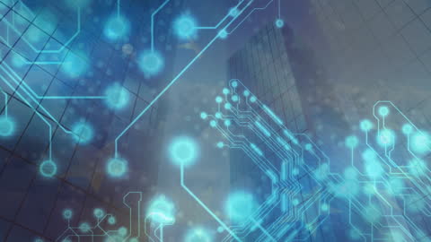 Digital Circuit Overlay on Modern Cityscape