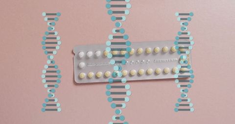 Birth control pills and dna strands on pink background for medicine and science concept
