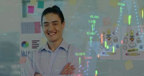 Confident Businessman Surrounded by Financial Graphs and Innovative Ideas