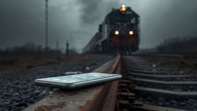 Resting smartphone on rusty railway track with approaching locomotive in moody fog