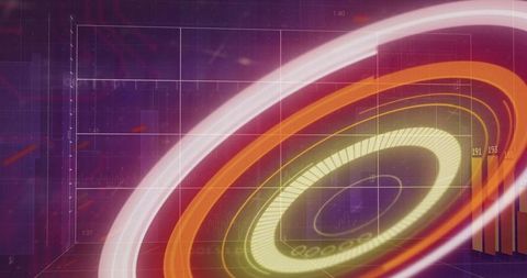 Spinning holographic hud rings showcasing neon analytics and futuristic digital dashboard