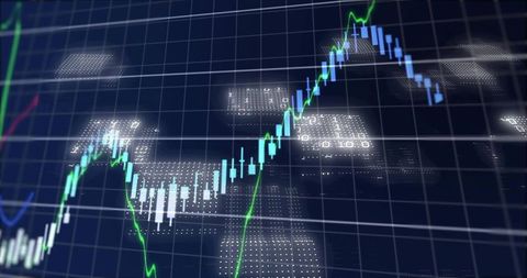 Blue Candlestick Chart Showing Rising Trend Line and Trading Data Visualization