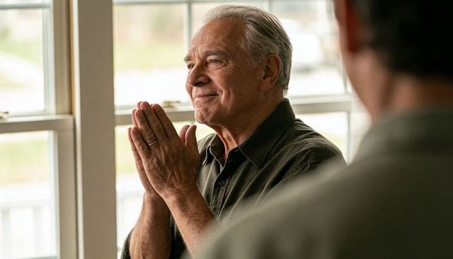 Smiling senior man holding hands and gazing through window, contemplative warm moment