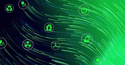 Green Energy Data Stream Showing Renewable Power Icons and Neon Motion