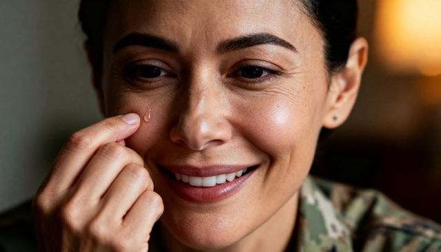 Smiling servicewoman touching cheek and wiping tear wearing camouflage uniform portrait