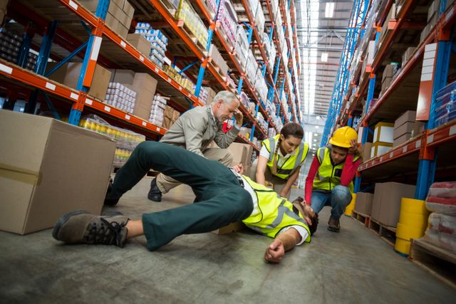 Worker fallen down while carrying cardboard boxes in warehouse
