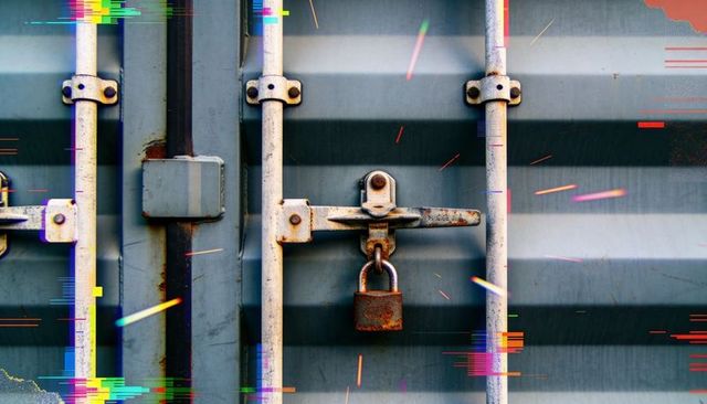 Rusted padlock and locking rods on container door with neon glitch overlay