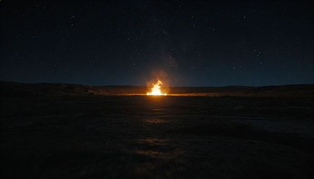 Solitary bonfire burning on desert plain under starry night sky, minimalist solitude