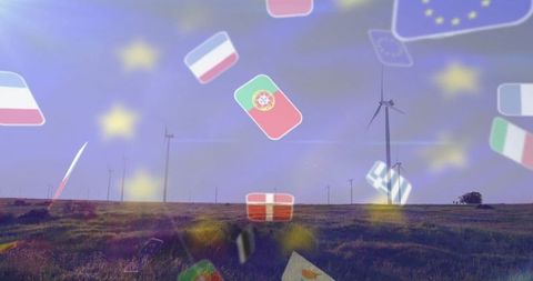 European wind farm with eu flags depicting renewable energy commitment