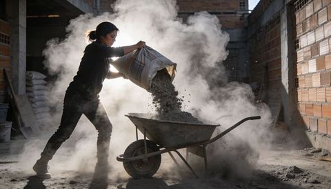 Backlit female builder pouring cement into wheelbarrow amid dramatic dust cloud