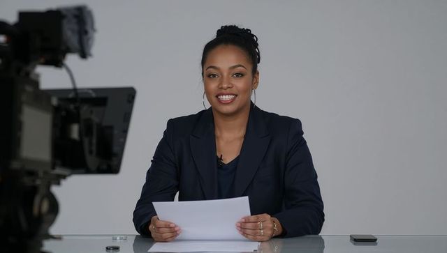 Smiling news anchor presenting news in modern studio