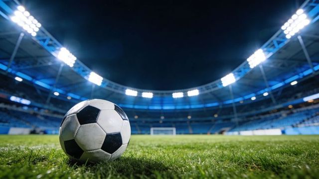 Resting classic black-and-white soccer ball on floodlit stadium turf at night