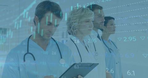 Medical team analyzing data on digital tablet overlaid with financial charts