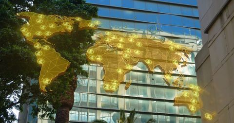 Futuristic World Map Overlay on Urban Cityscape