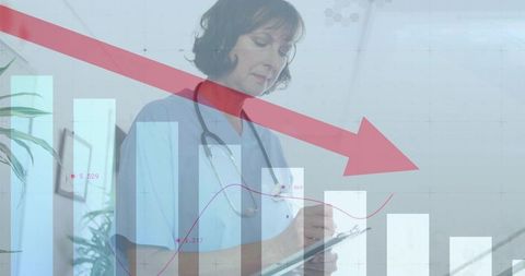 Nurse writing on clipboard with red downward chart overlay showing healthcare data decline