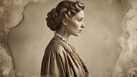 Elegant woman in period dress with lace collar in vintage setting