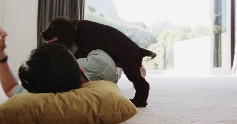Young man playing with energetic puppy in bright home interior