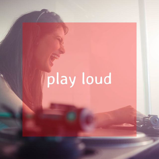 This bright, energetic image captures a joyful female DJ playing music with headphones at a party. Perfect for use in event promotions, music festival advertisements, nightlife magazine articles, and social media posts celebrating joyful and lively moments.