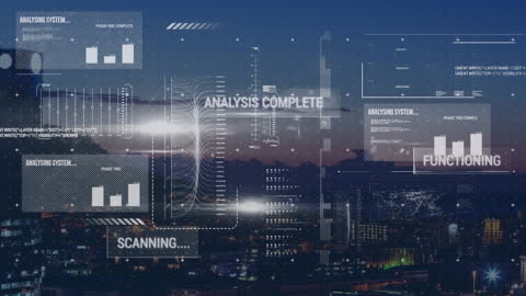 Futuristic digital interface floats over a cityscape, showcasing data processing and analytical icons against a dusky sky. Layers of data visualization tools, such as charts and scanning indicators, contribute to the concept of advanced technology and global networking. Useful for illustrating themes of innovation, technology growth, urban analytics, and the interconnectedness of modern life.