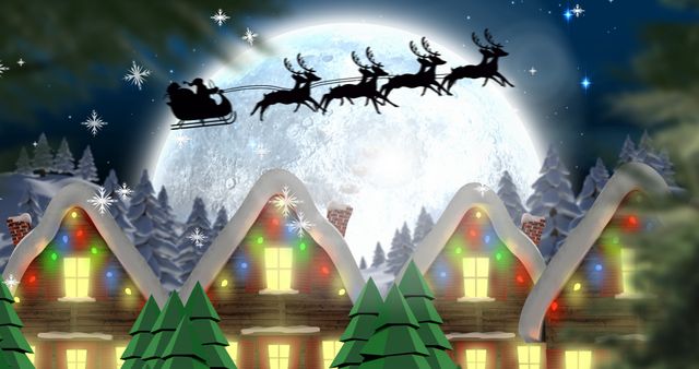 Illustration capturing the magic of a Christmas night with Santa's sleigh flying over rustic houses rooftops bathed in moonlight. Ideal for adding charm to holiday cards, festive web designs, holiday advertisements, social media posts conveying joyous seasonal cheer, animated holiday greetings.