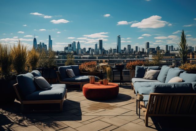 Modern Rooftop Lounge Area Overlooking City Skyline on Sunny Day - Download Free Stock Images Pikwizard.com
