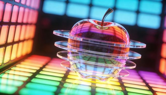 Glowing translucent apple refracting rgb light with sliced glass rings on led grid